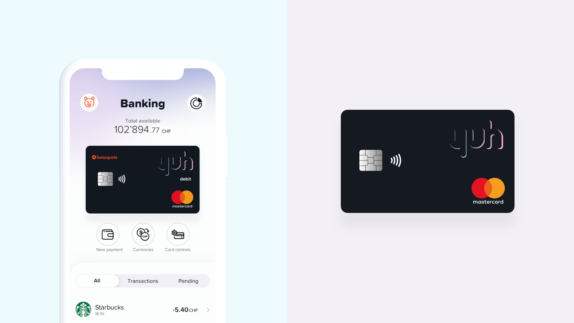 Illustration showing a smartphone with the Yuh banking app onscreen, and a Yuh bank card