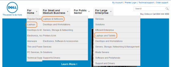 Screenshot from the Dell UK website with three sub-menus shown, all with a laptop option. 