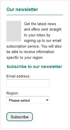 'Subscribe to our newsletter' form is displayed in the 'Our newsletter' section of the main page content