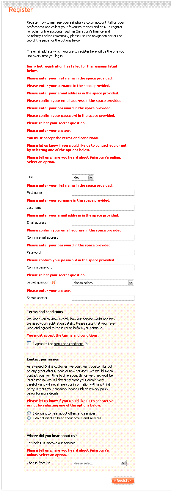 Figure 9: Error messages shown at the top and with the associated fields (Sainsbury's register page)